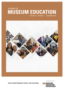 An image of the cover of the JME issue 48.4. A collage of professionals in the museum education field at Museum Education Roundtable meetings and events.